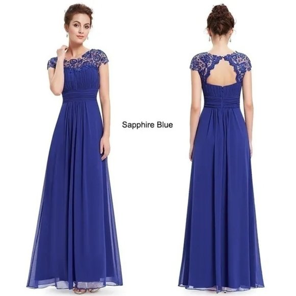 Blue Evening Gown Ball Gown Formal Evening Dresses Sleeveless Lace Decolletage - Picture 1 of 9